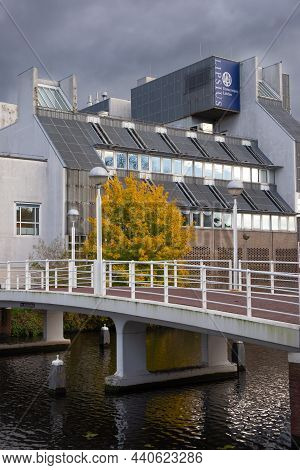 13 November 2021, Leiden, Netherlands, Facade Of Leiden University And Greenhouse Of The Botanic Gar