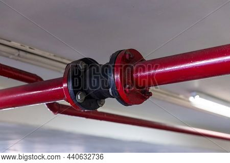 Flexible Rubber Expansion Joints Of Steel Pipe, Part Of Water Supply And Distribution Systems. Black