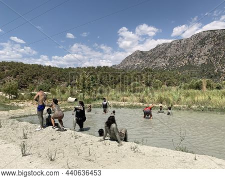 Healing Mud Springs In Turkey. Thermal Spring Surrounded By Mountains. Healing Lake Near Fethiye. Tu