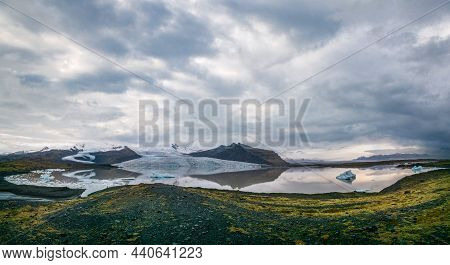 Spectacular Glacier And Lake Wide Panorama In Iceland