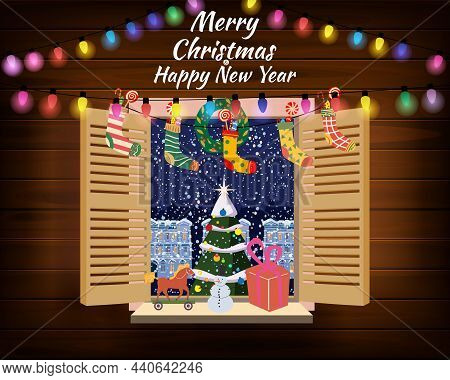 Merry Chrismas Window, Night, Decoraions Garland Retro, View From The Window To The Night Landscape,