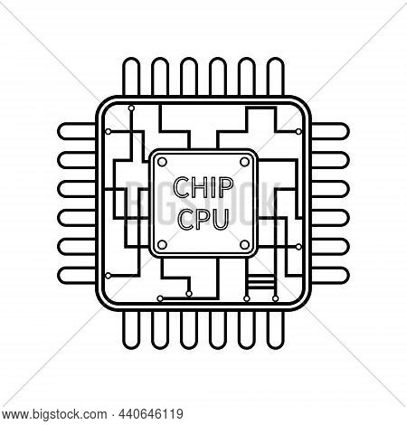 Cpu Icon. Chip In Line Style. Microchip With Circuit For Processor. Outline Logo Of Digital Micropro