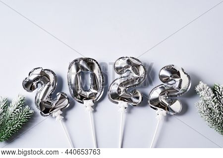 New Year Ccard Flat Lay With Silver Number Balloon, Celebration Background