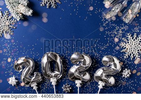 New Year Ccard Flat Lay With Silver Number Balloon, Celebration Dark Blue Background