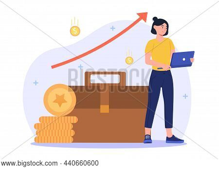 Concept Of Portfolio Income. Financial Literacy, Investment. Girl Invests In Stocks And Bonds, And T