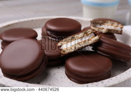 Tasty Choco Pies In Plate, Closeup View