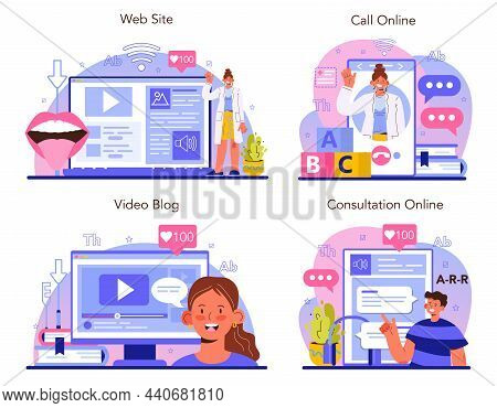 Speech Therapist Online Service Or Platform Set. Doctor Diagnozing And Treating