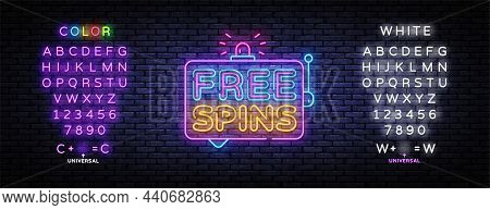 Free Spins Neon Design On Black Background. Neon Retro Template With Black Free Spins On Light Backg
