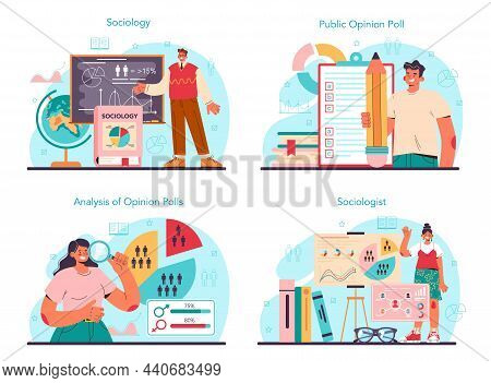 Sociologist Concept Set. Scientist Study Of Society, Pattern Of Social
