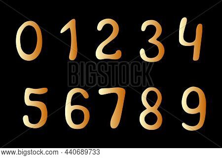 Vector Hand Drawn Gold Numbers From Zero To Nine In Doodle Flat Style. Maths Symbols, Signs.