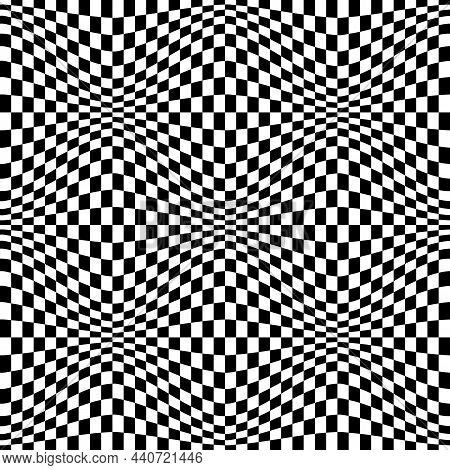 Optical Distorted Black And White Checkered Seamless Pattern. Psychedelic Repeatable Texture.