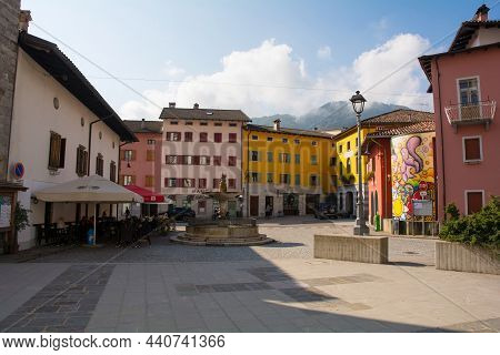 Ampezzo, Italy - 27th September 2021. The Main Square, Piazza Zona Libera 1944, In The Centre Of The