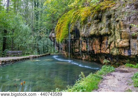 Kallektuffquell Waterfall On Mullerthal Trail, Spring With Crystalline Calcareous Water, Moss-covere