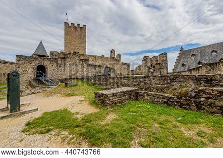 Open-air Ruin At Medieval Bourscheid Castle, Courtyards, Green Grass, Ruined Stone Walls, A Tower, C