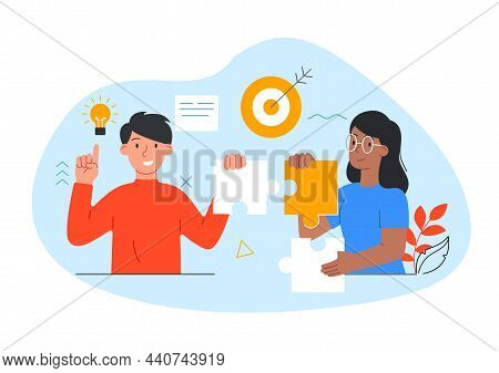 Business Support Abstract. Man And Girl Put Together Puzzles. Teamwork Concept. Help For Small Busin