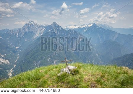 Cross On The Top. Beautiful Mountain Trail Monte Montusel In Friuli-venezia Giulia, Italy