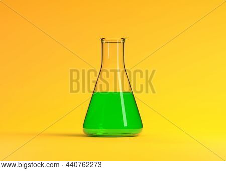Erlenmeyer Flask With Green Liquid On Yellow Background. Chemistry Flask, Laboratory Glassware, Equi