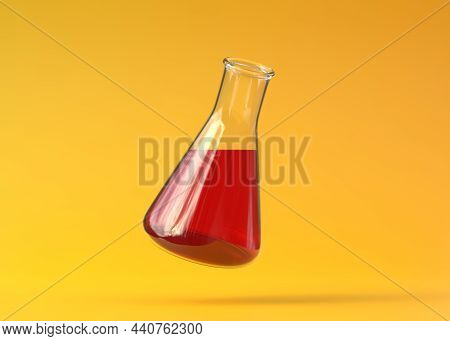 Erlenmeyer Flask With Red Liquid Flies On Yellow Background. Chemistry Flask, Laboratory Glassware, 