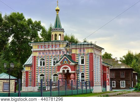 Bright Architecturally Decorated Facade In The Russian Traditional Style. Abakan, Siberia, Russia