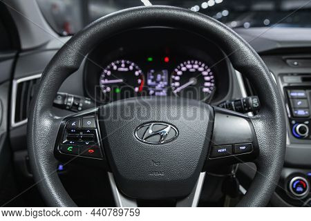 Novosibirsk, Russia - November 09, 2021: Hyundai Creta, Cockpit Interior Cabin Details, Speedometer 