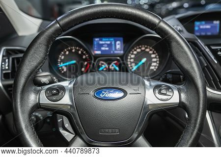Novosibirsk, Russia - November 09, 2021: Ford Kuga, Cockpit Interior Cabin Details, Speedometer And 