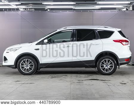 Novosibirsk, Russia - November 09, 2021: White Ford Kuga, Side View. Popular Suv On A Parking