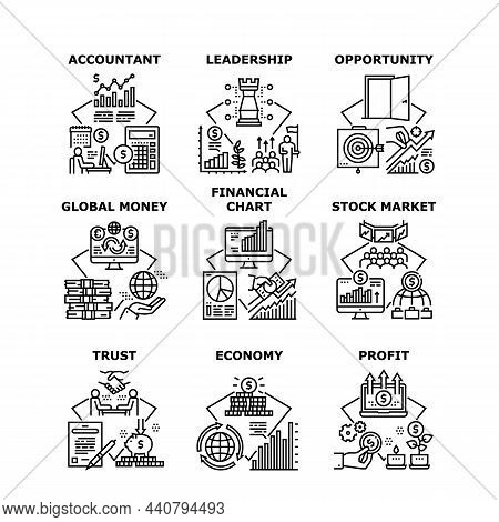 Financial Chart Set Icons Vector Illustrations. Stock Market Financial Chart And Global Money Profit