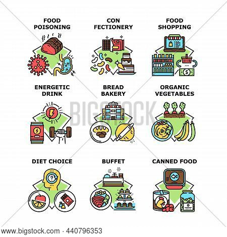 Nutrition Shopping Set Icons Vector Illustrations. Nutrition Shopping In Market, Canned And Poising 