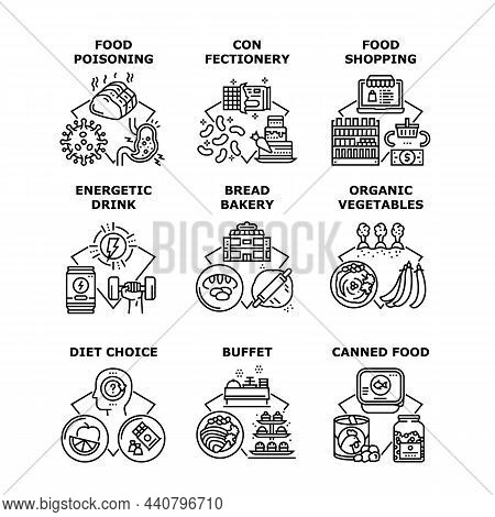 Nutrition Shopping Set Icons Vector Illustrations. Nutrition Shopping In Market, Canned And Poising 