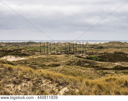 Sand Dune Landscape Overgrown With Grass On The Island Of Amrum, Germany. Siatler Or Setzer Dune In 