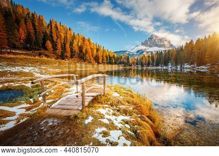 Fantastic sunny day on the lake Antorno in National Park Tre Cime di Lavaredo. Location Dolomiti alps, Province of Belluno, Italy, Europe. Perfect photo wallpapers. Discover the beauty of earth.