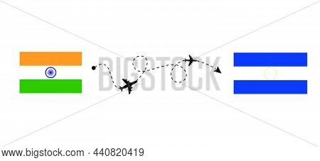 Flight And Travel From India To El Salvador By Passenger Airplane. Airplane Route And Country Flags.