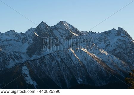 Landscape In The Arkhyz Biosphere Reserve, Russian Federation. Mountains Covered With Snow In The Ar