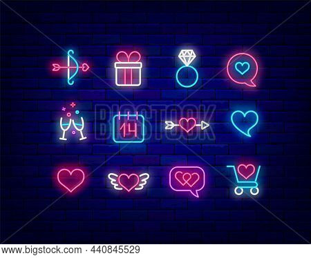 Happy Valentines Day Neon Icon Set. Heart And Arrow. Romantic Message. Holiday Sale. Diamond Ring. W