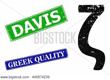 Grunge Zeta Greek Lowercase Symbol Icon And Rectangle Scratched Davis Seal. Vector Green Davis And B