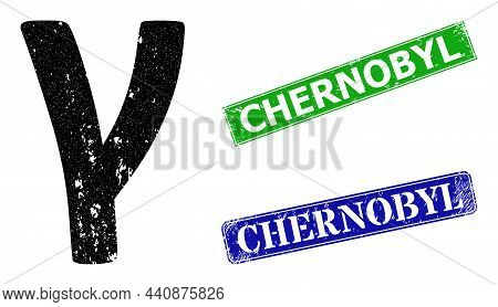 Grunge Gamma Greek Lowercase Symbol Icon And Rectangle Unclean Chernobyl Seal. Vector Green Chernoby