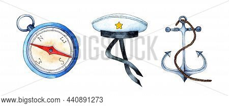 Watercolor Illustration Of A Nautical Set Of Anchor, Peakless Cap, Compass. Naval Supplies, Sailor's