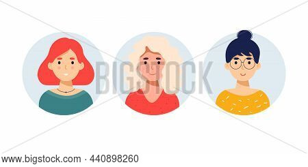 Set Of Woman Smiles. The Woman With Red Hair, Girl In Glasses, Woman With White Hair . Office Manage