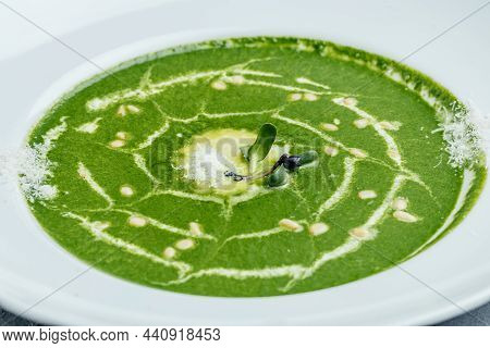 Broccoli, Spinach Cream Soup In A Bowl, Egetarian Dish. Banner, Food Recipe Background. Close Up,