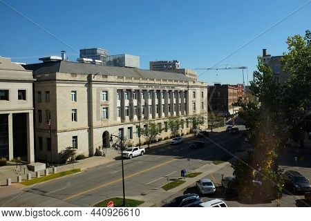 FARGO, NORTH DAKOTA - 4 OCT 2021: The Quentin N. Burdick U.S. Courthouse, at the corner of First Avenue and Roberts Street.