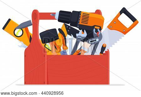 Wooden Toolbox Full Of Repair Or Construction Instrument Vector Flat Cartoon Illustration