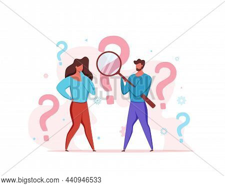 Faq Concept Of Men Looking Through Magnifying Glass At Interrogation Point