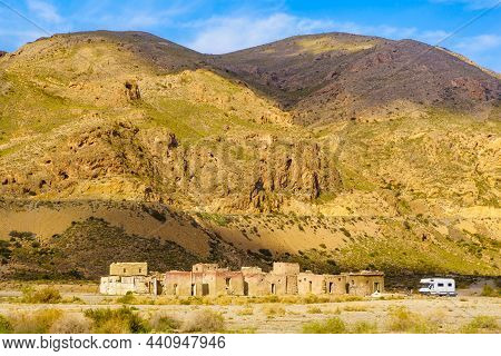 Caravan Camping At Movie Location El Chorrillo In Sierra Alhamilla Mountains, Spain. Tourist Attract