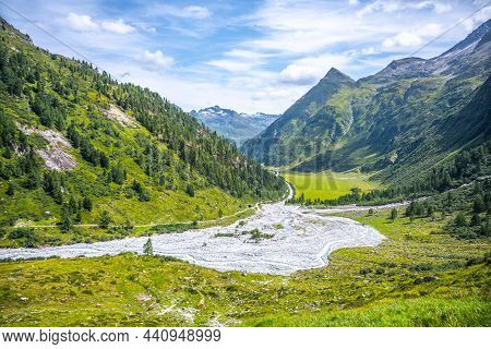 Green Meadow In Alpine Valley, Gschlosstal Valley, Hohe Tauern National Park, East Tyrol, Austrian A