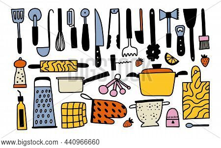 Kichen Utencils And Cutlery Set. Doodle Outline Cooking And Baking Illustration.