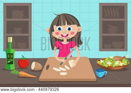 An Illustration Of A Daughter Helping Mum In The Kitchen. A Little Girl Cooks Dinner And Cut Potato.