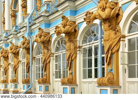 Pushkin/saint Petersburg / Russia-09.03.2020: Fragment Of The Facade Of The Catherine Palace. Atlant