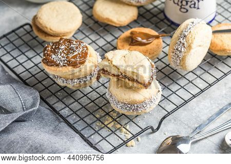 Cookies With Caramel. Stack Of Cookies. Alfajores: Traditional Peruvian Cookies Filled With Caramel.