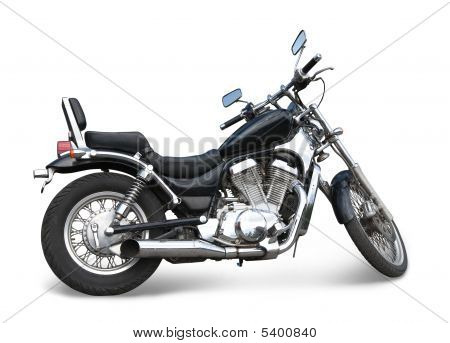 Černý motocykl na bílém pozadí