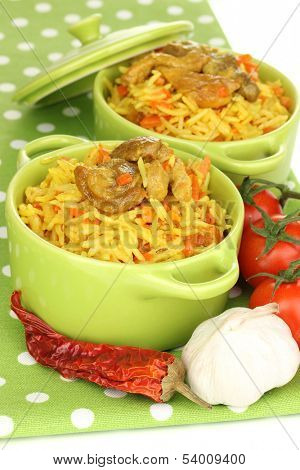 Delicious pilaf with vegetables close up